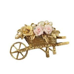 Vintage Wheelbarrow Brooch Pin Pink Roses Faux Pearls Gold Tone 1.75" Gift Box